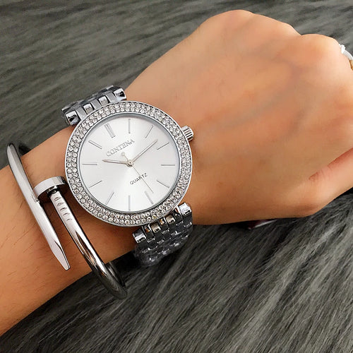 CONTENA Fashion Luxury Silver Watch Women Watches Rhinestone Women'S Watches Ladies Watch Stainless Steel Clock Reloj Mujer