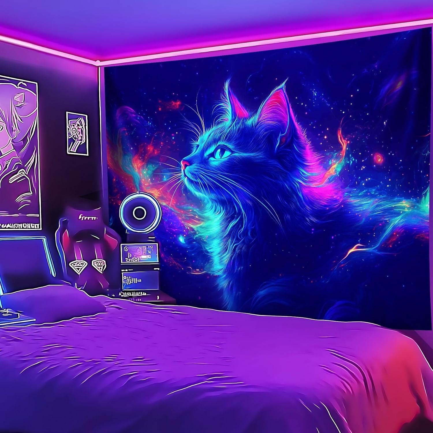 Blacklight Tapestry,Cat Animal Tapestry Glow in the Dark,Uv Reactive Black Light
