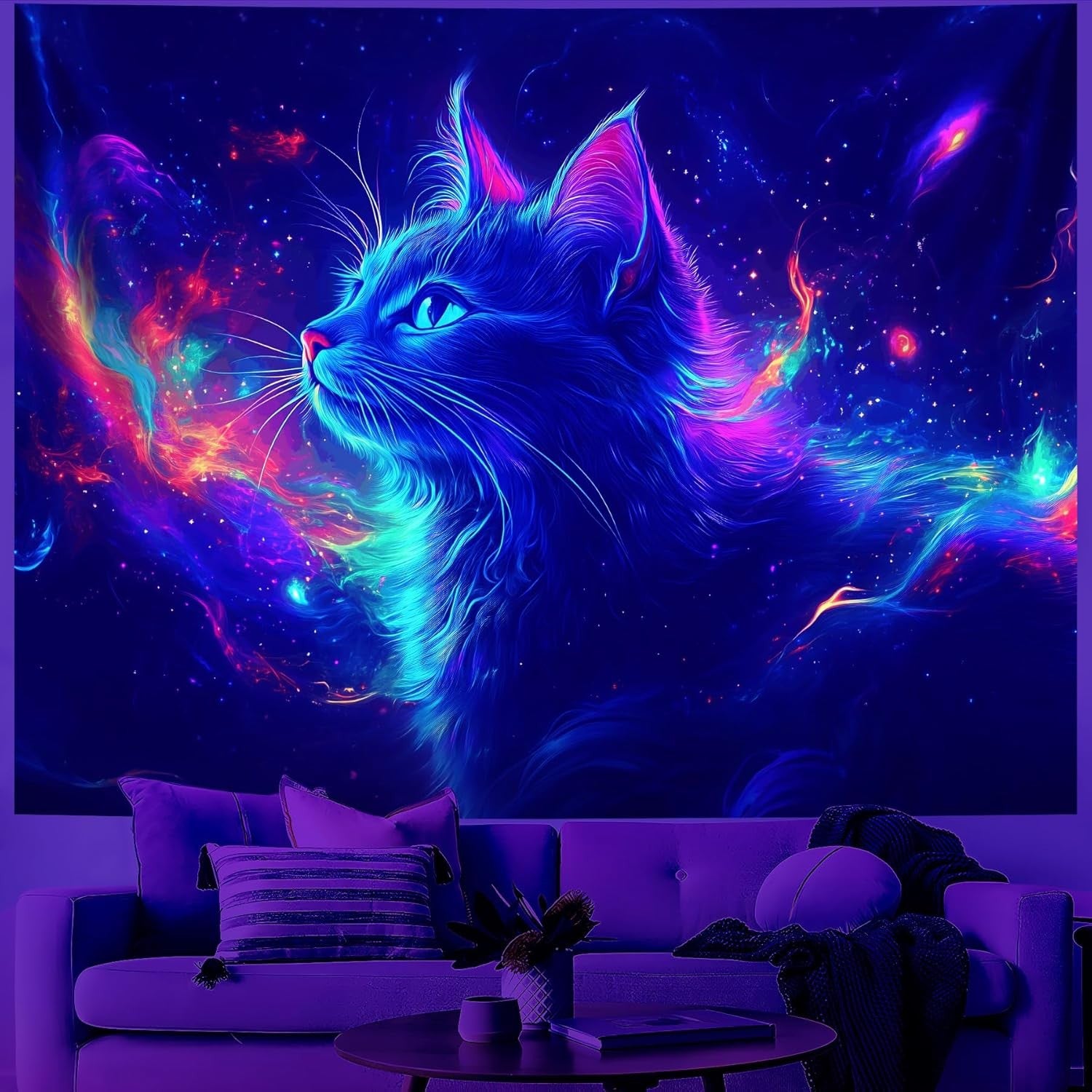 Blacklight Tapestry,Cat Animal Tapestry Glow in the Dark,Uv Reactive Black Light