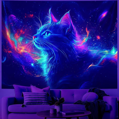 Blacklight Tapestry,Cat Animal Tapestry Glow in the Dark,Uv Reactive Black Light