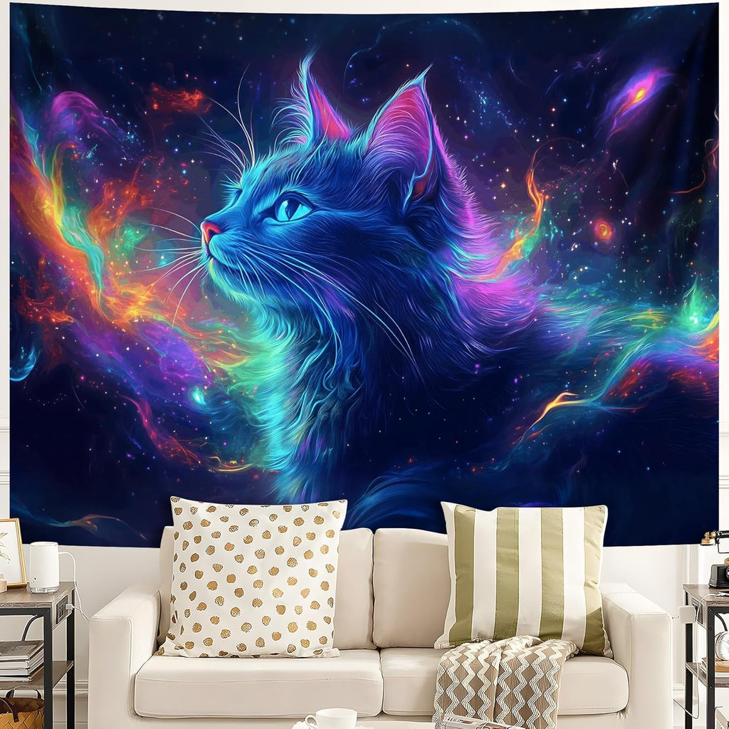 Blacklight Tapestry,Cat Animal Tapestry Glow in the Dark,Uv Reactive Black Light